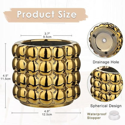 DILATATA 5 Inch Ceramic Planter Pot for Indoor Plants with Drainage Hole Bubble Flower Planter Hobnail Plant Pot Garden Planter Gold Succulent Plant Pot Utensil Holder
