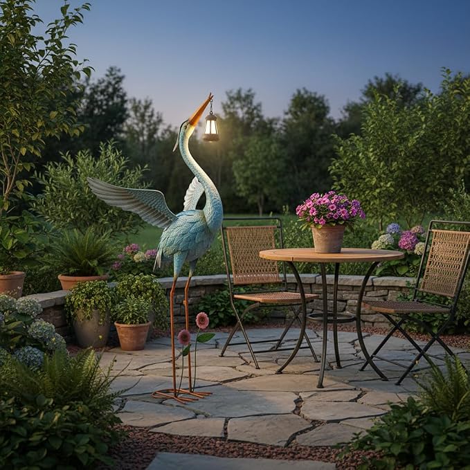Crane Garden Statue with Solar Lantern,Large Blue Heron Outdoor Staue | Metal Crane Sculpture, Yard Art Decor for Garden, Lawn, Backyard, Porch