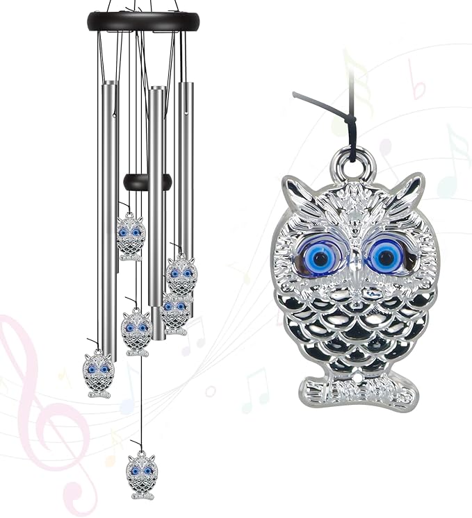 Virekm Small Wind Chimes, House Warming Gifts for Women, New Home Gift Men, Outdoor Gifts for Neighbor, Windchimes for Patio Decoration, Garden Decor for Outside, Zen Decor Yard (Blue Evil Eye Owl)