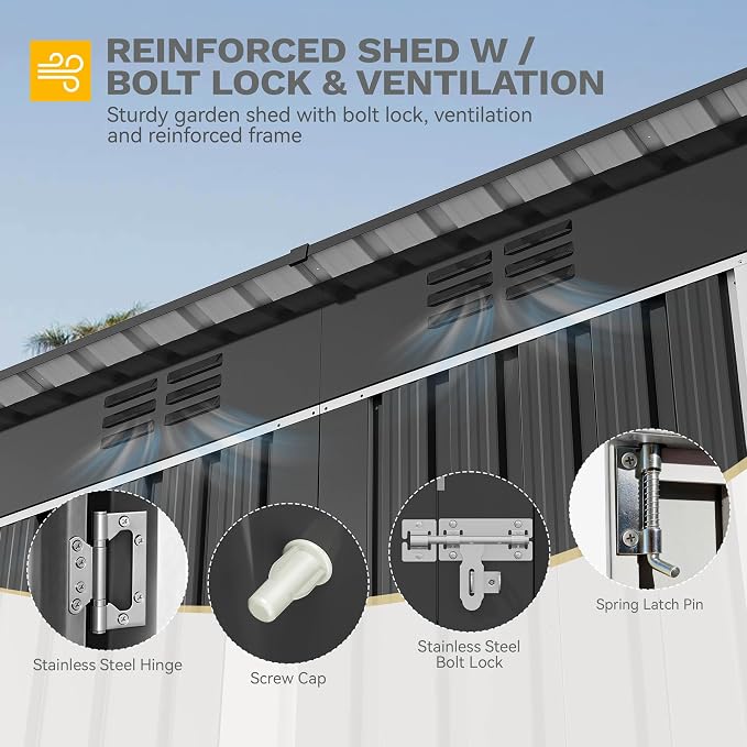 DWVO 9x4ft Large Tool Storage Shed with Lockable Doors, and Sloped Roof, Oversized Steel Outdoor Storage Shed for Garden, Patio, Garage, Backyard, Lawn - Dark Gray