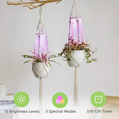 2 Pack Macrame Plant Hanger with Grow Light for Indoor Plants | 10 Brightness, 3 Light Modes, 3/9/12H Timer, Fits 5-9 in Pots, Cotton Rope, Boho Decor, Pots Not Included