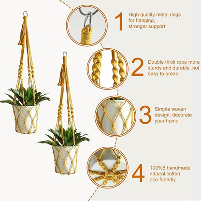 Artilady Boho Macrame Plant Hangers - Handmade Hemp Rope Hanging Baskets for Plants with Ceiling Hooks, Bohemian Home Decor Wall Art (Ginger-Yellow-2pcs)