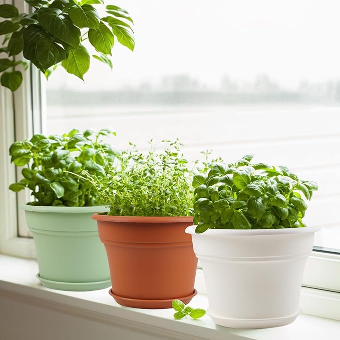 Pottiffe 8 Inch Plastic-Flower Pot-for-Indoor Plants, 4 Pack Large Outdoor Planter Pot with Drainage Holes & Saucers, Resin Decorative Garden Pots Planters