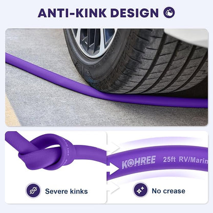 Kohree 25FT RV Water Hose with Storage Bag, 5/8'' Premium Drinking Water Hose, Leak-free, No Odor, Anti-Kink and Flexible Garden Hose for RV, Camper, Truck, Car - Purple