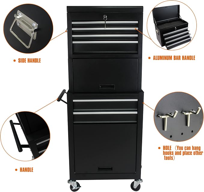 6-Drawer Tool Chest, Detachable Top for Garage, Black 3Set | Rolling Mobile Storage Cabinet Organizer with Lockable Wheels for Workshop Utility, Heavy Duty Metal Construction
