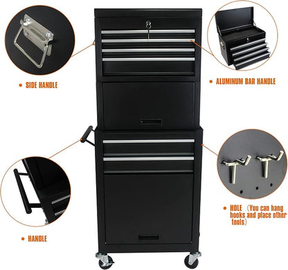 6-Drawer Tool Chest, Detachable Top for Garage, Black 3Set | Rolling Mobile Storage Cabinet Organizer with Lockable Wheels for Workshop Utility, Heavy Duty Metal Construction
