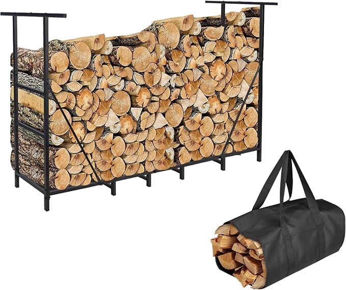 HONEST OUTFITTERS 6ft Firewood Rack Outdoor, Adjustable Heavy Duty Firewood Holder, Adjustable Wood Racks for Outdoor Indoor, Metal Log Racks for Firewood with Firewood Bag Carrier, Black