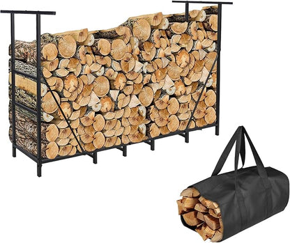 HONEST OUTFITTERS 6ft Firewood Rack Outdoor, Adjustable Heavy Duty Firewood Holder, Adjustable Wood Racks for Outdoor Indoor, Metal Log Racks for Firewood with Firewood Bag Carrier, Black