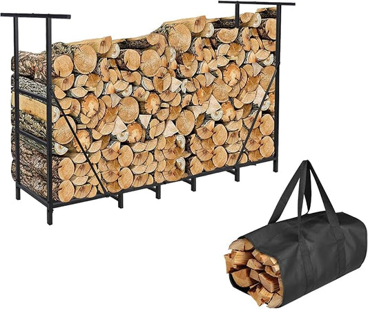HONEST OUTFITTERS 6ft Firewood Rack Outdoor, Adjustable Heavy Duty Firewood Holder, Adjustable Wood Racks for Outdoor Indoor, Metal Log Racks for Firewood with Firewood Bag Carrier, Black