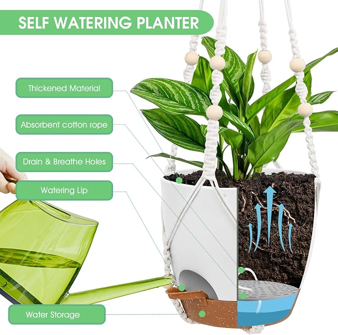 Vanslogreen Hanging Planters for Indoor Outdoor Plants, 2 Pack Self Watering Hanging Pots, Hanging Plant Baskets with Drainage Holes & 2 Types of Plant Hangers (Green, 6'')