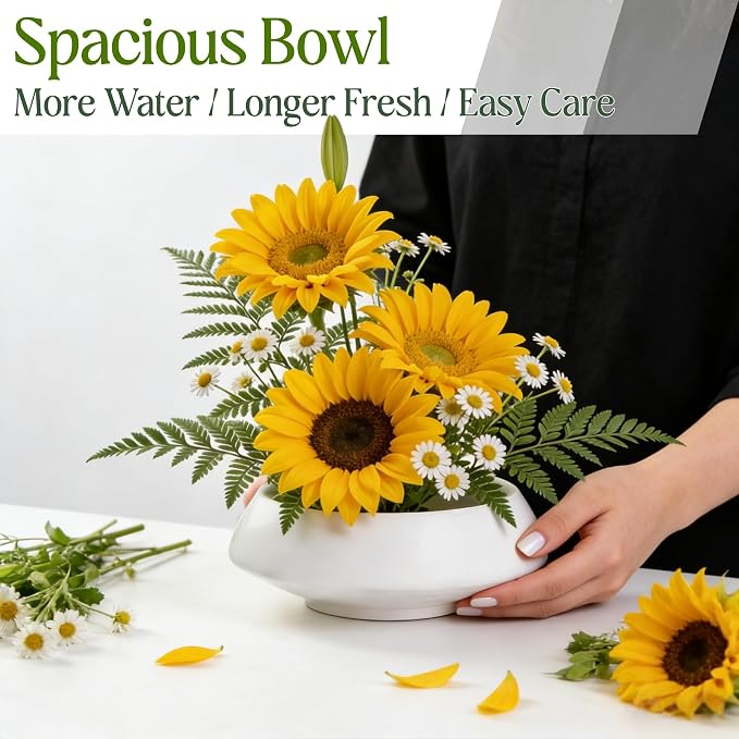 Ceramic Japanese Ikebana Vase Set with 2 inch Flower Frog Handmade Flower Pot Flower Arrangement Floral Art Supplies Flower Bowl Decorative Flower Vase