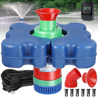Pond Fountain Aerator Floating with Time Controller for Outdoor Large Ponds | AC110V 1HP 750W with 15000 GPH Aeration System Aerating Fountain Pump for Outdoor Ponds & Lakes with 15A/100FT Power Cord