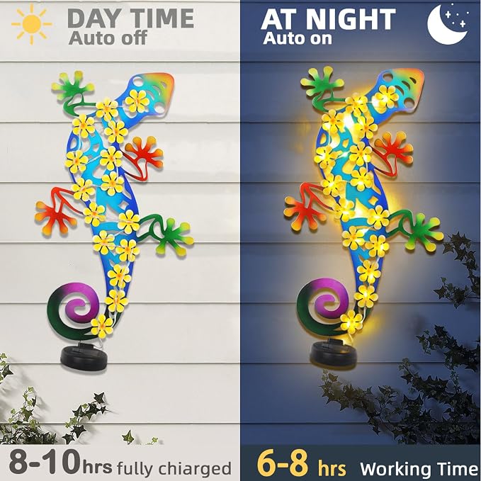 Metal Lizards Outdoor Decor Metal Gecko Wall Decoration with 30 Led Solar Lights- 17.7" Fence Wall Art, Gift for Mom Grandma Women Birthday Gardening,Geico Lizard for Garden Patio Porch Yard