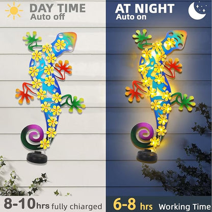 2 Pack Metal Lizards Outdoor Decor Metal Gecko Wall Decoration with 30 Led Solar Lights- 17.7" Fence Wall Art, Gift for Mom Grandma Women Birthday Gardening,Geico Lizard for Garden Patio Porch Yard
