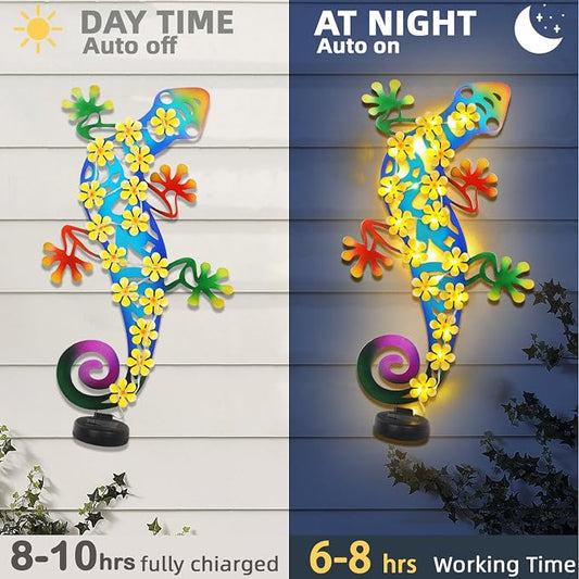 2 Pack Metal Lizards Outdoor Decor Metal Gecko Wall Decoration with 30 Led Solar Lights- 17.7" Fence Wall Art, Gift for Mom Grandma Women Birthday Gardening,Geico Lizard for Garden Patio Porch Yard
