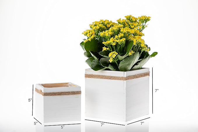 Jute Rope Wood Planter (7"x7") Whitewashed Wooden Boxes l Garden Centerpiece Display l Wedding Flowers Holder (Set of 2)