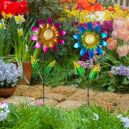 Metal Flowers Decorative Garden Stakes, 2 Pack 25'' Flower Garden Decor for Outside Spring Yard Decor, Flower Metal Yard Art for Fence Landscape Pot Patio Decor (Pink & Blue)
