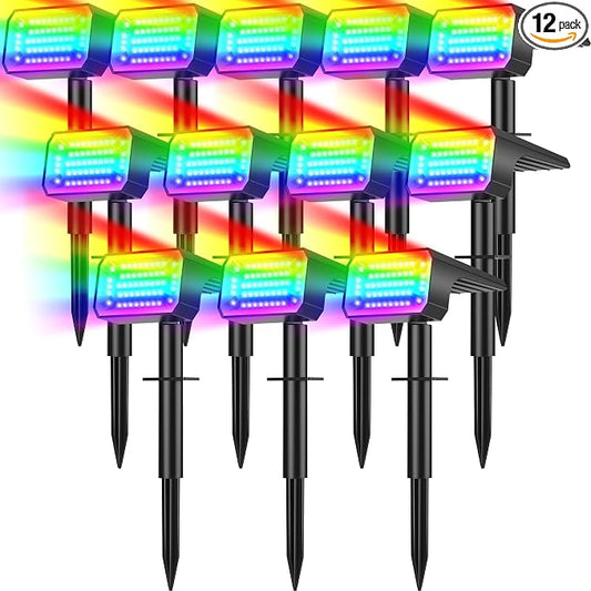 Solar Color Changing Spot Lights Outdoor, 12 Pack Solar Landscape Lights with 32 LEDs Each, 7 Lighting Modes, IP65 Waterproof, 2-in-1 Adjustable Solar Spotlights for Yard Garden Pathway Driveway
