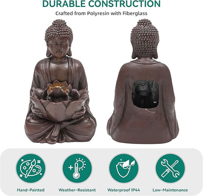 AUTODAYA 18.9" H Buddha Statue Outdoor Water Fountain with Warm LED Lights | Zen Style Garden Fountain with Relaxing Waterfall for Patio, Porch, or Yard Decor, Faux Bronze