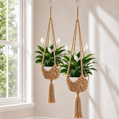 Shappy 2 Pack Boho Macrame Plant Hanger, Large Hanging Planter Plant Holder Pot Hanger Hanging Basket Wall Planters, Plants Lover Gift for Indoor Garden (Spiral Knot,Jute Color)
