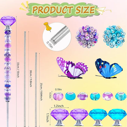 145 PCS Beaded Garden Stakes Kit, DIY Fairy Wand Garden Stake Beads Kits with Assortment Large Hole Beads 4 Crystal Stopper Top 2 Butterfly Tops and Threaded Rods for Outdoor Indoor Decor