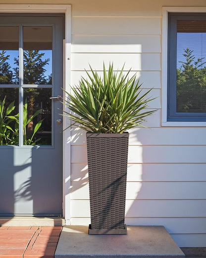 Greesum Set of 2 Tall Plastic Planters with Saucer, 30 Inch Large Pots with Drainage Trays, Weather-Resistant Plastic Plant Containers for Patio, Porch, Garden,Brown