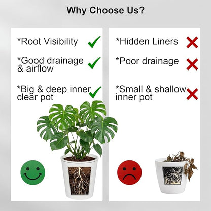 4 Pack of 7in and 5in Double-Layer Self-Watering Pot with Clear Nursery Pot - Indoor Planter with Drainage for Root Visibility,semi Hydro pots for repotting Orchids,Aroid or Monstera,White