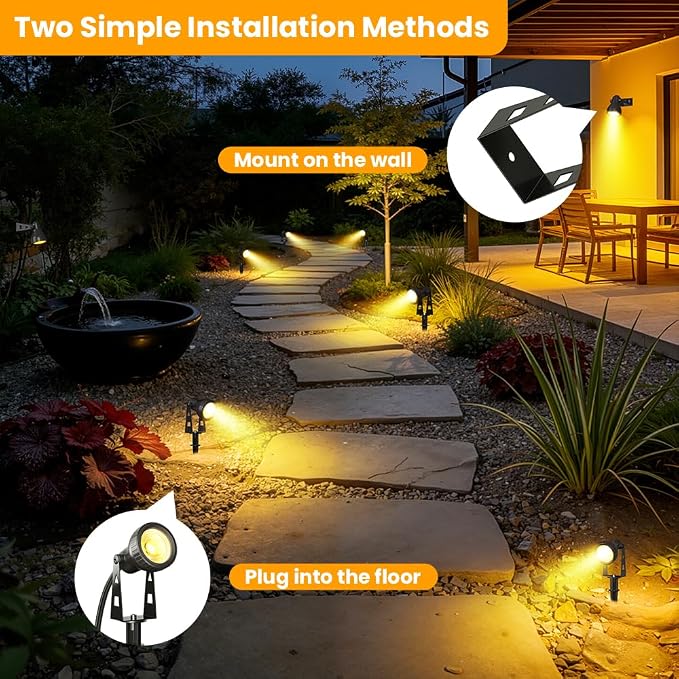 FOOMAN 6-Pack Spot Lights Outdoor, Low Voltage Landscape Lighting, LED Pathway Lights with Transformer, IP68 Waterproof Warm White Spotlight for Yard Garden Flags House Lawn Tree