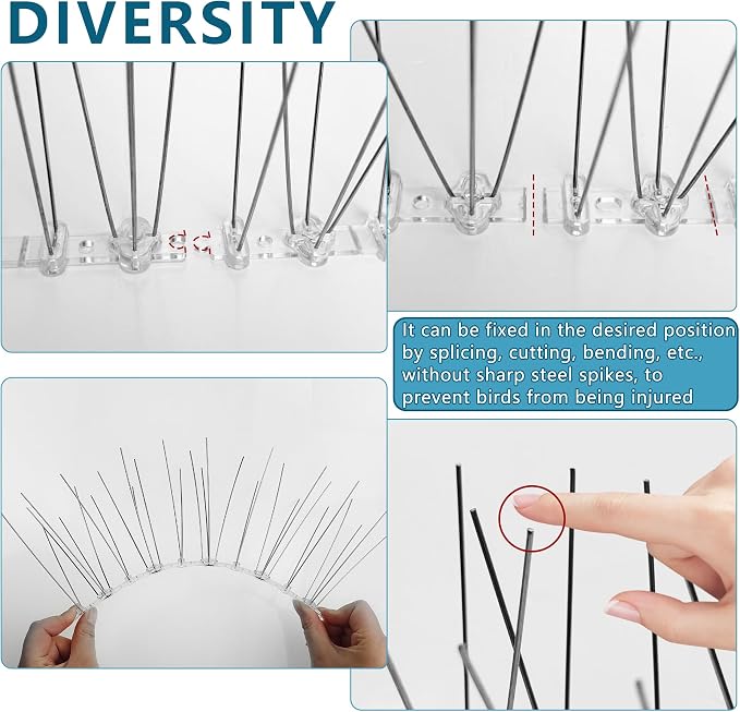Bird Spikes 16.4FT, 304 Stainless Steel Pigeon Spikes with Plastic Base for Gardens Outdoor, Keep Seagull Pigeon Away Birds Scarer Devices 20PACK