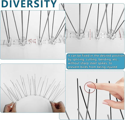Bird Spikes 16.4FT, 304 Stainless Steel Pigeon Spikes with Plastic Base for Gardens Outdoor, Keep Seagull Pigeon Away Birds Scarer Devices 20PACK