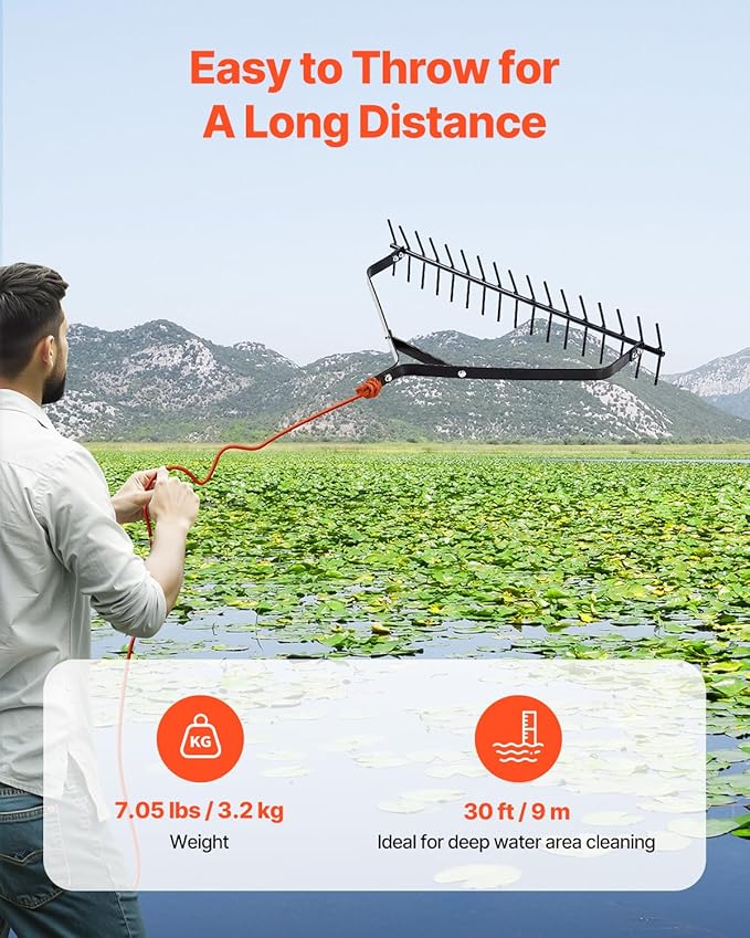 VEVOR 32 in Aquatic Weed Rake, 6.3 in Double Sided Lake Weed Rake, Lightweight Pond Weeds Cutter with 30ft Rope, No Assembly Required, Muck Lilypad Clearing Tool for Pond, Lake, Rivulet