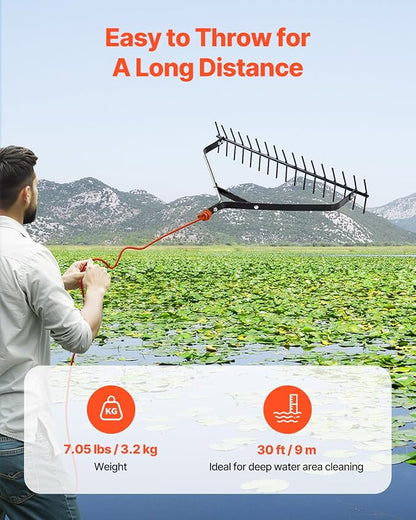 VEVOR 32 in Aquatic Weed Rake, 6.3 in Double Sided Lake Weed Rake, Lightweight Pond Weeds Cutter with 30ft Rope, No Assembly Required, Muck Lilypad Clearing Tool for Pond, Lake, Rivulet