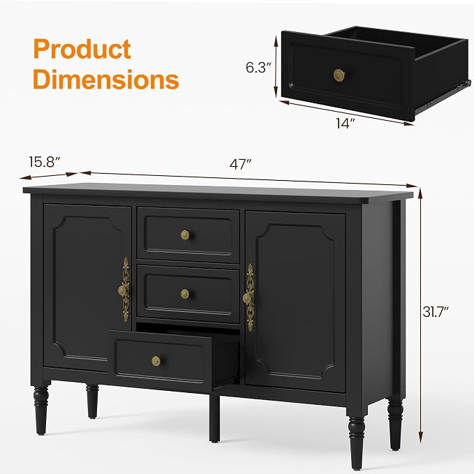 RoyalCraft Buffet Cabinet with 2 Doors & 3 Drawers, Vintage Sideboard with Storage, Painted Coffee Bar Table with Solid Wood Legs, Ideal for Kitchen, Living Room, Dining Room, Black