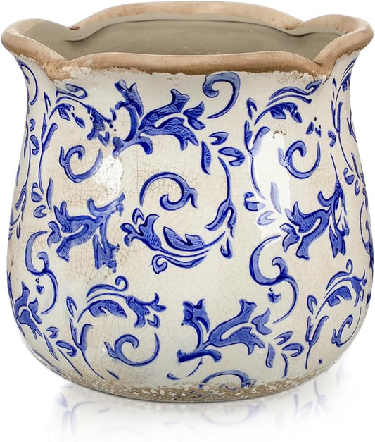 Newtay 6 Inch Ceramic Plants Pots Vintage Ceramic Flower Planters Crackle Glaze Finish Flower Pots Decorative Floral Vintage Planters for Living Room Garden Home Decor Gifts(Chinoiserie)