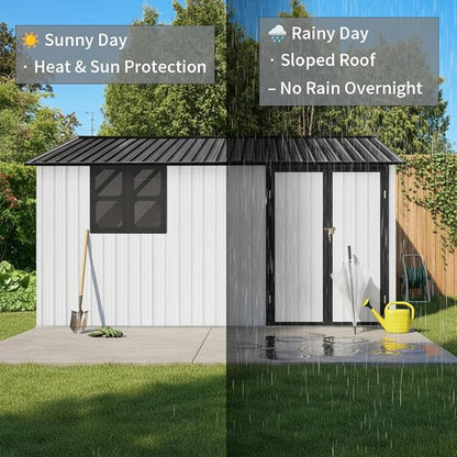 KEIKI 12x10 Ft Metal Outdoor Storage Shed Garden with Window, Foldable Worktable & Shelves, Lockable Door, Waterproof Apex Roof Heavy Duty Tool House for Backyard Garden Lawn, White Black