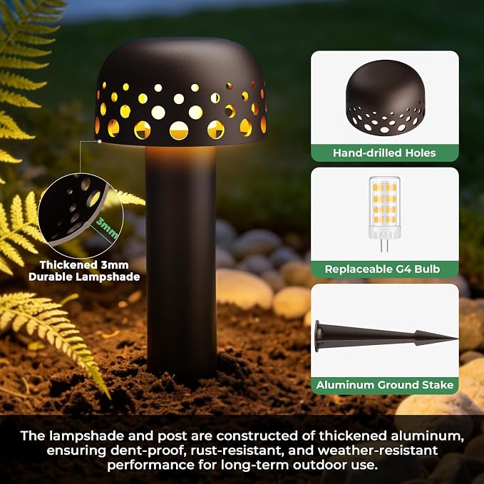 Gardencoin Low Voltage Landscape Pathway Lights, 12V Outdoor Mushroom Decorative Lights, Unique Aluminum Path Lighting with 4W 2700K Replaceable Bulb for Walkway Garden Yard, 6 Pack