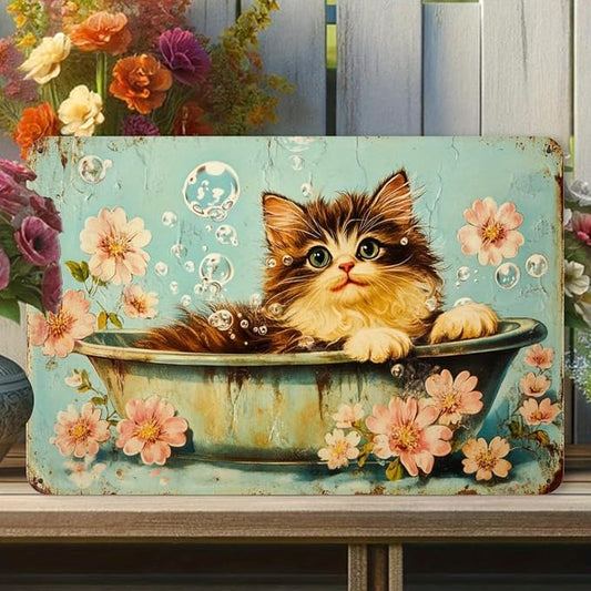 Charming Cat Bubble Bath Vintage Metal Tin Sign - Perfect for Home, Cafe, or Garage Decor, Durable Iron Wall Art, Easy to Hang, 12x8 Inches