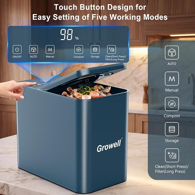 Growell Electric Composter for Kitchen, 3.2L Smart Countertop Compost Bin, Low Noise, Odorless, Indoor Food Waste Composter with LED Display, Auto-Cleaning, Turn Food Waste into Fertilizer,EC04