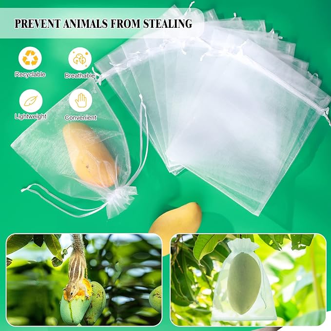 50 Pcs Fruit Protection Bags, 6x9 White Fruit Netting Bags for Fruit Trees Fruit Cover Mesh Bag with Drawstring, Netting Barrier Bags for Grapes Mango Fruit Trees Veggies Garden