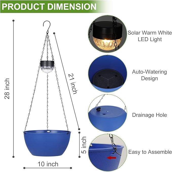 BAYN 2 Packs Solar Hanging Basket Planters for Plants Outdoor | Self Watering, Blue Flower Pots with Solar Light , Hanging Planters with Drainer for Balcony Patio Garden Decoration