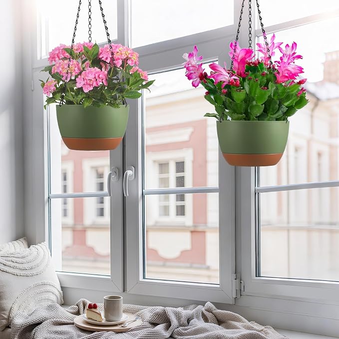 Set of 2 Hanging Planters for Indoor Outdoor Plants, 10 Inch Self-Watering Hanging Flower Pots with Drainage Hole & Removable Water-Storage Tray (Hooks)