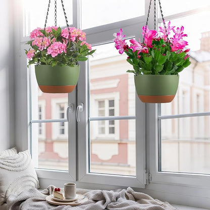 Set of 2 Hanging Planters for Indoor Outdoor Plants, 10 Inch Self-Watering Hanging Flower Pots with Drainage Hole & Removable Water-Storage Tray (Hooks)