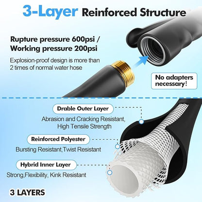 SPECILITE 3/4" Hot/Cold Garden Hose 25 ft with Industrial High Pressure Nozzle, Flexible & Lightweight, 600psi Burst Rubber Water hose -50℉-158℉ With 3/4" Brass Fittings for Yard, Black