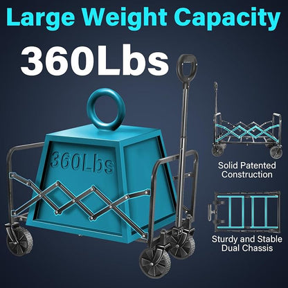 Collapsible Wagon Cart with Wheels, Compact 360 lb Folding Cart, Jet Black | Portable utility wagon for groceries, shopping, camping, garden, sports, picnics, laundry, apartment errands and small hauls