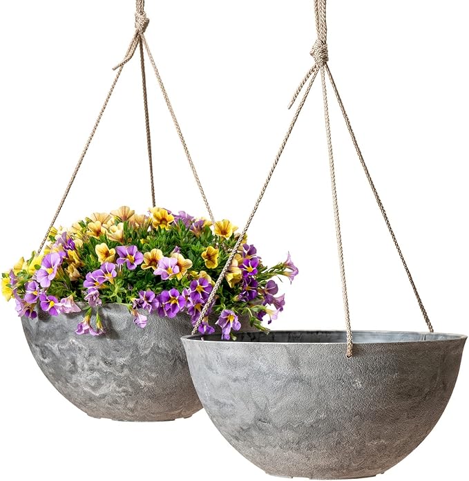 LA JOLIE MUSE Large Hanging Planters for Indoor Outdoor Plants, Hanging Flower Pots Marble Pattern (13.2 Inch,Set of 2)