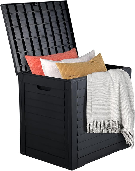 DWVO Louvered Large Deck Box, 35 Gallon Resin Outdoor Storage Box w/Lockable Lid and Side Handles for Patio Furniture, Garden Tools and Pool Supplies,Waterproof and UV Resistant, Black