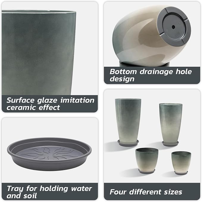 ZMTECH 24/21/12/10 Inch Charcoal Gray Green Gloss Planter Set, 4 Pack Large Outdoor Planters with Drainage Holes & Saucers, Glossy Smooth Lightweight Plastic Plant Pots for Indoor Patio Garden Décor