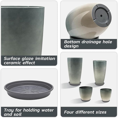ZMTECH 24/21/12/10 Inch Charcoal Gray Green Gloss Planter Set, 4 Pack Large Outdoor Planters with Drainage Holes & Saucers, Glossy Smooth Lightweight Plastic Plant Pots for Indoor Patio Garden Décor
