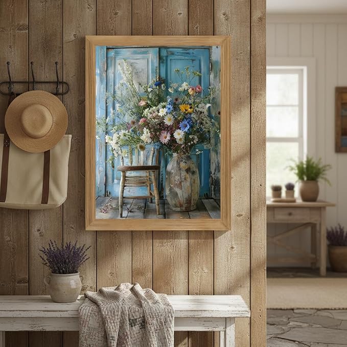 Vintage Wildflower Bouquet Wall Art Framed Canvas, Rustic Floral Still Life Vase Painting with Blue Door Background, Farmhouse Cottagecore Flower Decor Picture for Living Room Bedroom Bathroom 16x12 Inch