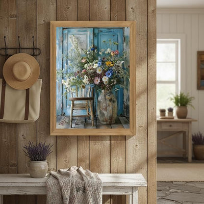 Vintage Wildflower Bouquet Wall Art Framed Canvas, Rustic Floral Still Life Vase Painting with Blue Door Background, Farmhouse Cottagecore Flower Decor Picture for Living Room Bedroom Bathroom 16x12 Inch